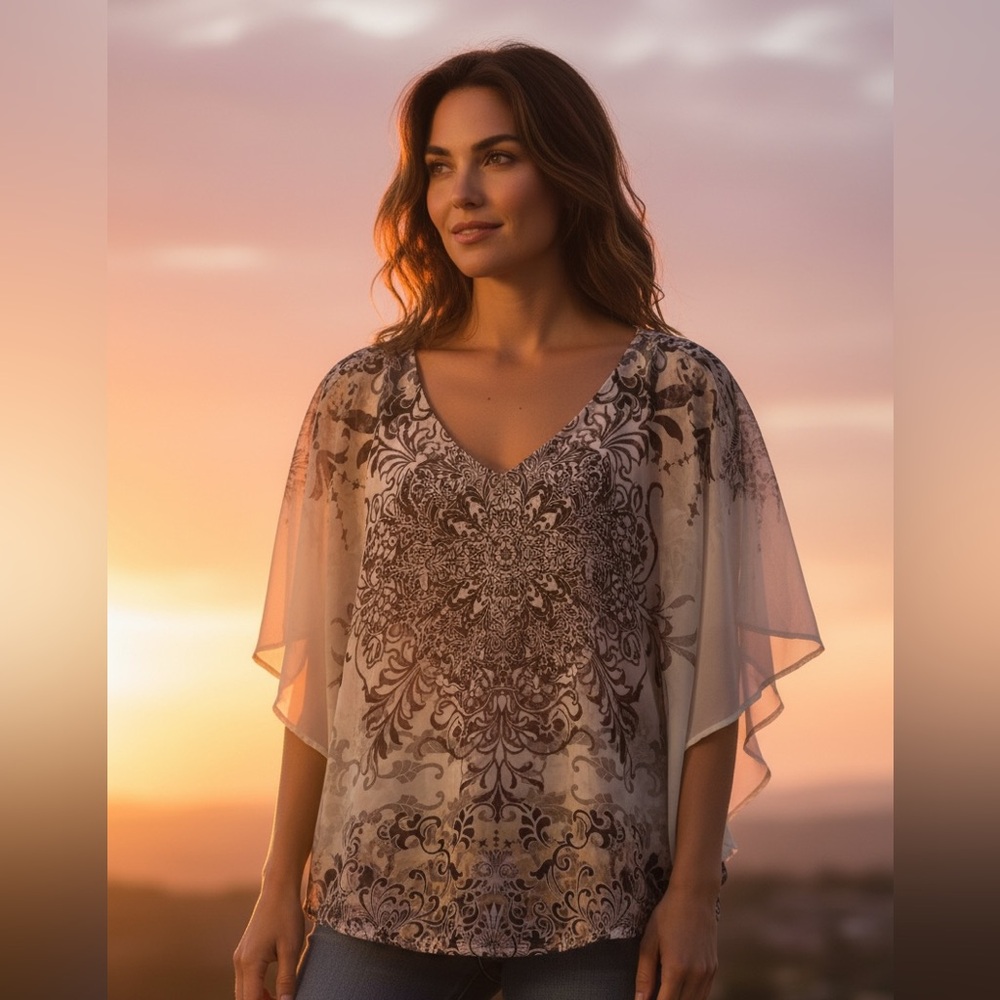 Chic Women's Sheer Floral Blouse - Cream and Brown